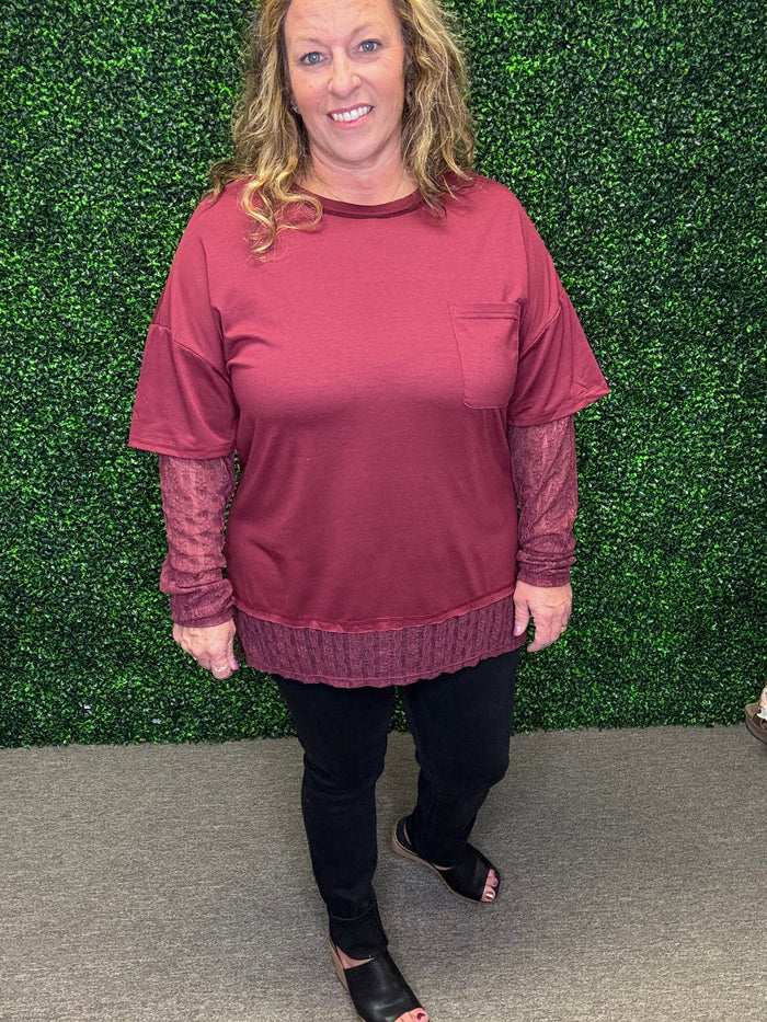 Very J Knit Top with Lace Sleeve