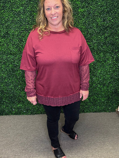 Very J Knit Top with Lace Sleeve