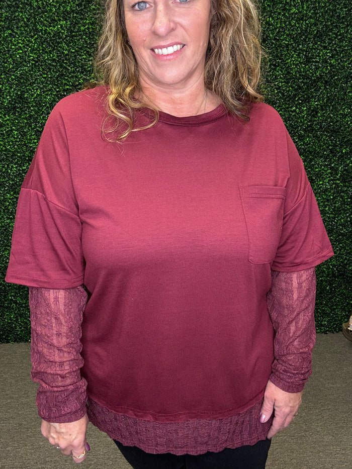Very J Knit Top with Lace Sleeve
