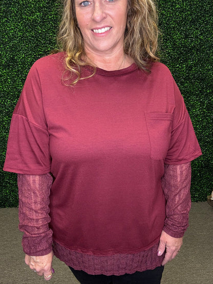 Very J Knit Top with Lace Sleeve