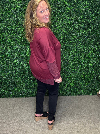 Very J Knit Top with Lace Sleeve