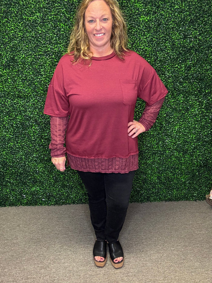 Very J Knit Top with Lace Sleeve