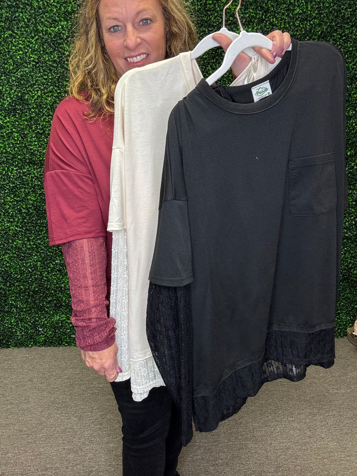 Very J Knit Top with Lace Sleeve