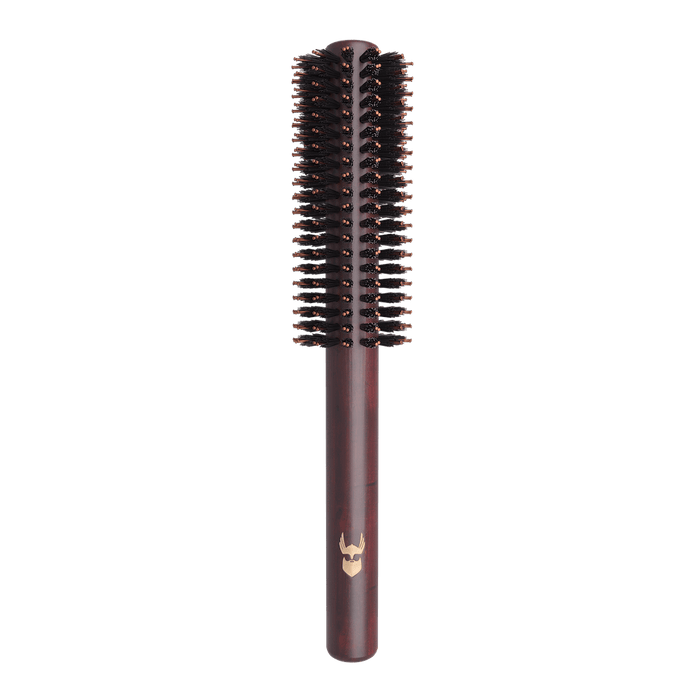Viking Roller Beard Brush standing upright, round nylon bristle head on a dark pearwood handle with the gold Viking logo