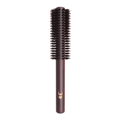 Viking Roller Beard Brush standing upright, round nylon bristle head on a dark pearwood handle with the gold Viking logo