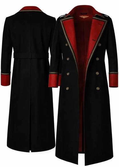 Black coat with red interior and trim on a white background
