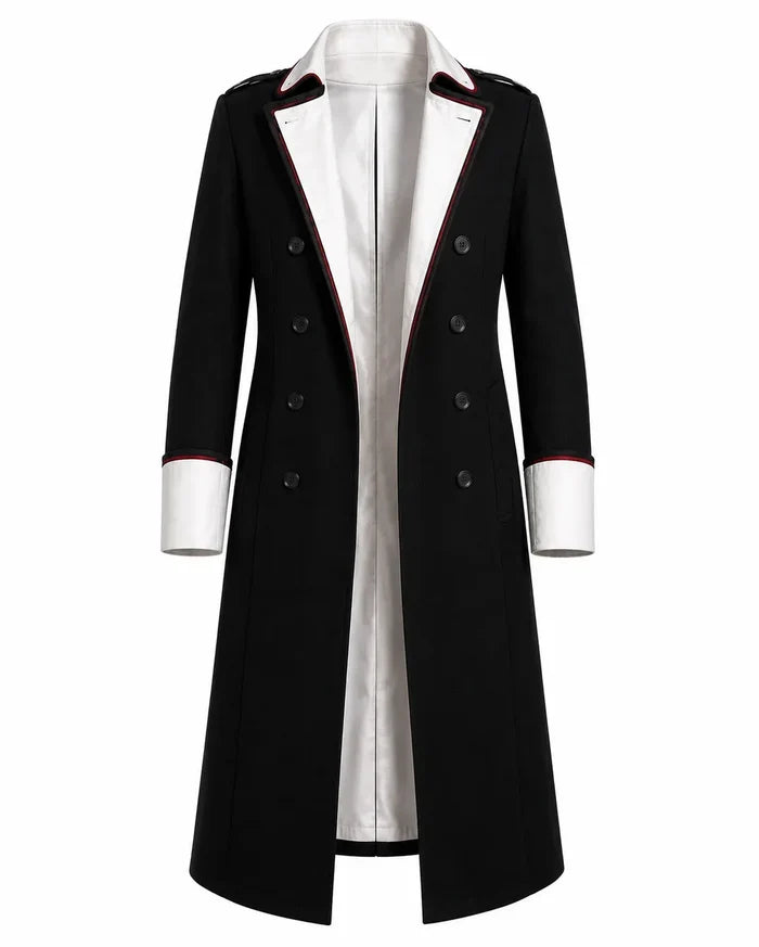 Black coat with white trim on a mannequin against a white background