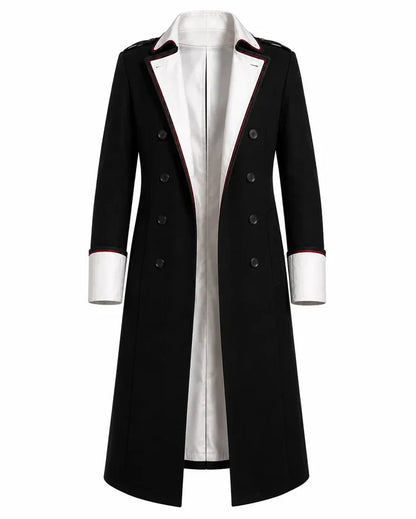 Black coat with white trim on a mannequin against a white background