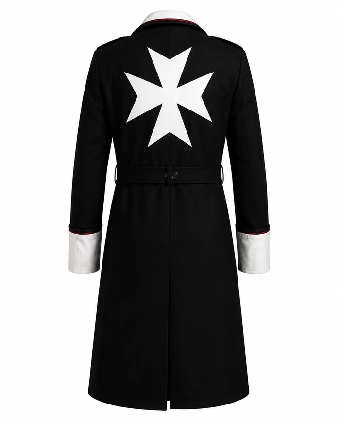 Black coat with a white cross on the back against a white background