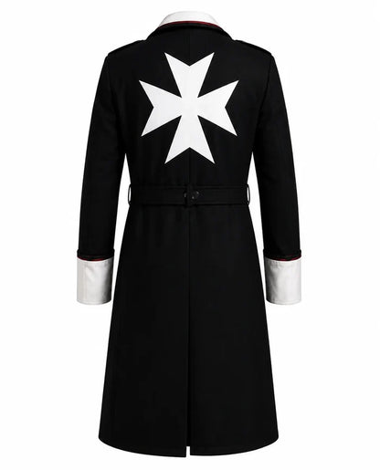 Black coat with a white cross on the back against a white background