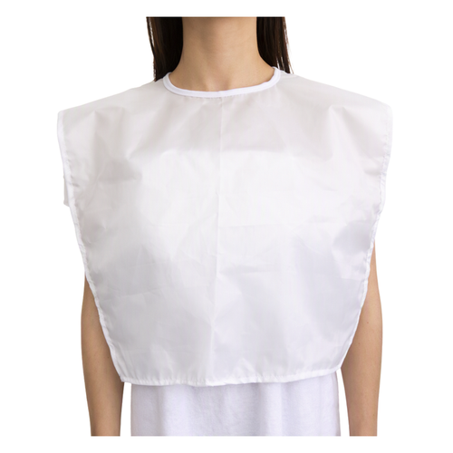 A white waterproof makeup bib worn by a model, shown from the neck down against a plain white background.