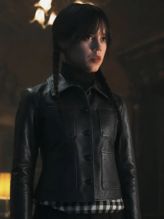 Wednesday Addams Black Leather Jacket — Jenna Ortega Nevermore Academy Gothic Jacket