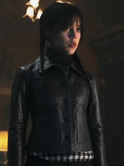 Wednesday Addams Black Leather Jacket — Jenna Ortega Nevermore Academy Gothic Jacket