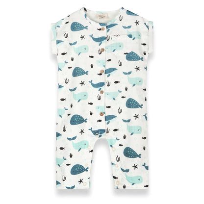 Whales Rolled Short Sleeve Baby Jumpsuit (Organic Muslin)