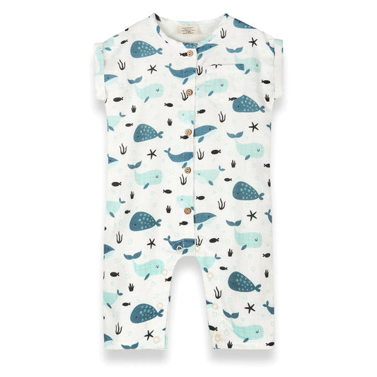 Whales Rolled Short Sleeve Baby Jumpsuit (Organic Muslin)