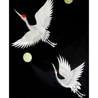 White Flying Crane under the Moon Brocade Fabric - Black
