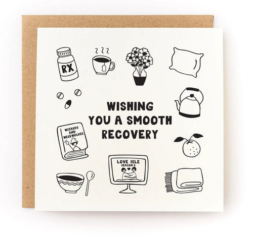 Recovery letterpress card with black icons and bold 'smooth recovery' message