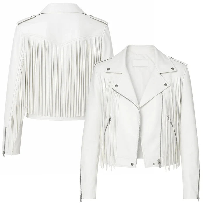 White fringe jacket shown from front and back on a white background