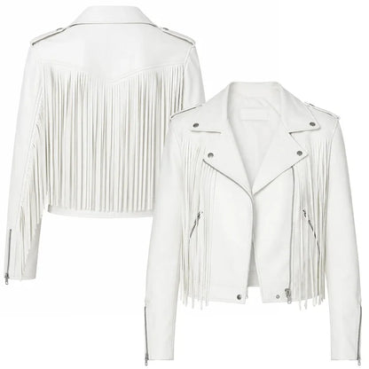 White fringe jacket shown from front and back on a white background