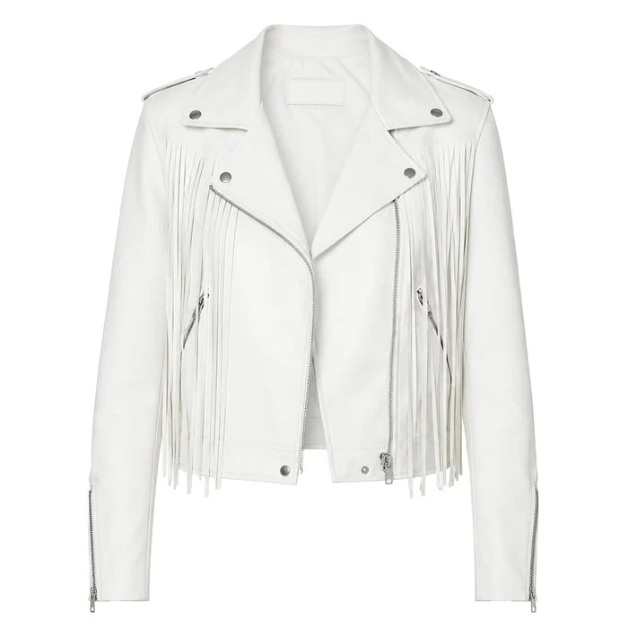 White leather jacket with fringe details on a white background