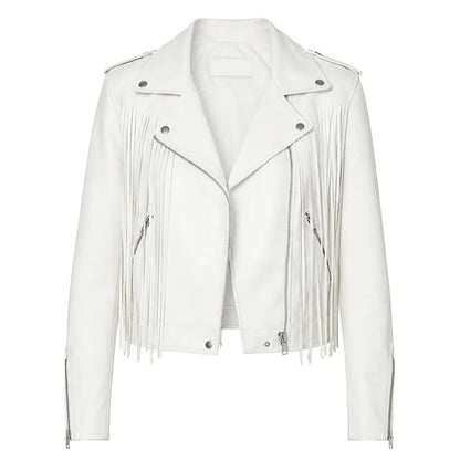 White leather jacket with fringe details on a white background