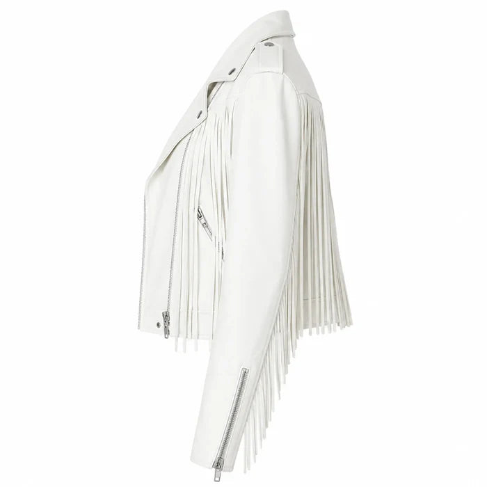 White leather jacket with fringe details on a white background