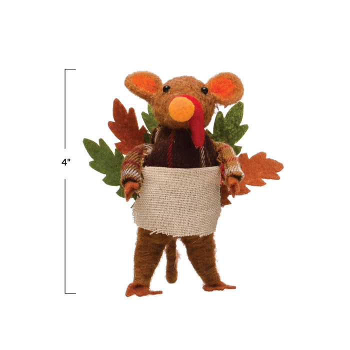 Wool Felt Turkey Mouse w/ Plaid Shirt & Apron