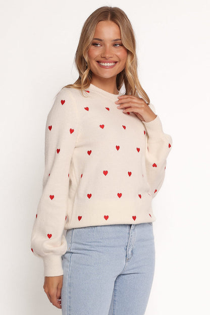 Petal and Pup USA KNITWEAR Xadie All Over Mini Heart Sweater - Cream/Red