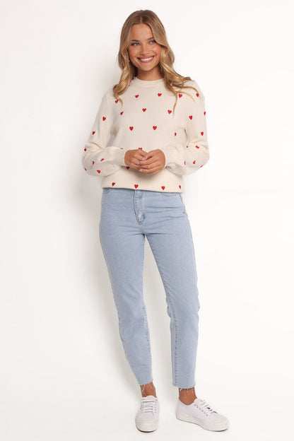 Petal and Pup USA KNITWEAR Xadie All Over Mini Heart Sweater - Cream/Red