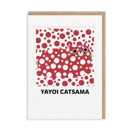 Greeting card with red polka-dot pattern and cartoon cat face, with text 'YAYOI CATSA'