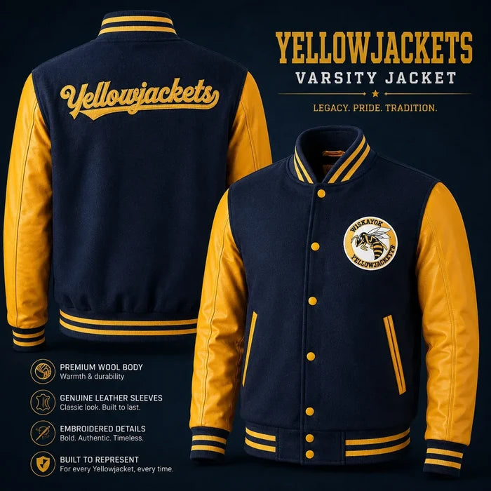 Navy and yellow varsity jacket with 'Yellowjackets' text on a dark background