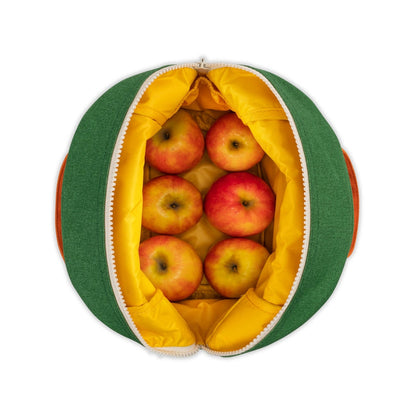 Zipper lunch bag with green exterior and yellow lining, open top showing apples inside