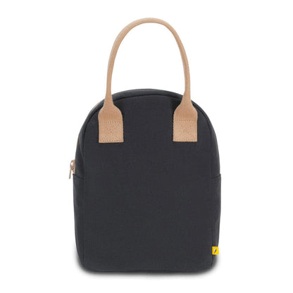 Zipper lunch bag in dark color with beige handles and side zipper pocket
