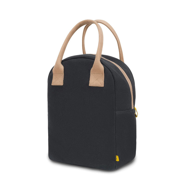 Dark zipper lunch bag with beige handles and yellow zipper pull, angled side view