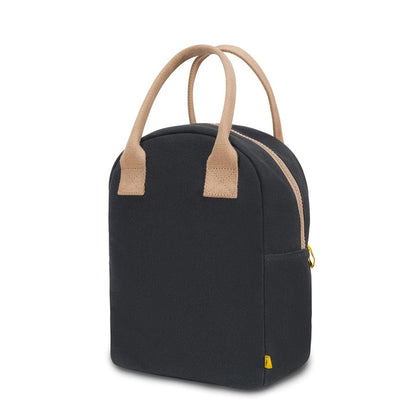Dark zipper lunch bag with beige handles and yellow zipper pull, angled side view